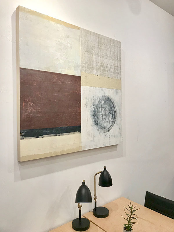 Hastings - 48x48 - Acrylic, pencil, sand on birch panel by christie owen- installed 2